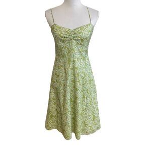 VINTAGE J. Crew Summer Cotton Sundress Corset Back Green Fan Shell Print Size Sm